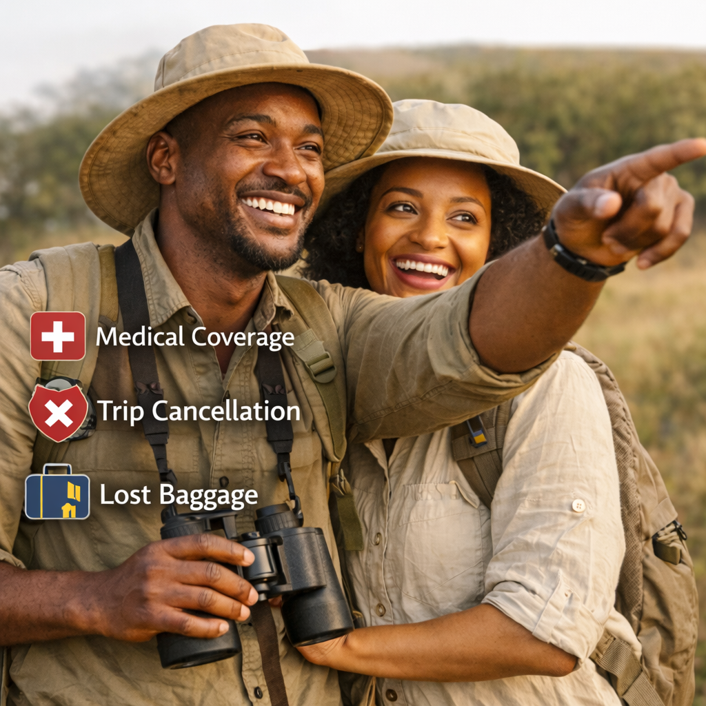 safari adventure with travel insurance icons